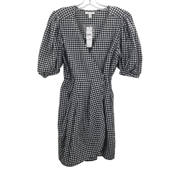 Topshop Gingham Print Wrap Mini Dress Short Sleeve White/Black Size 6 NWT - Picture 1 of 9